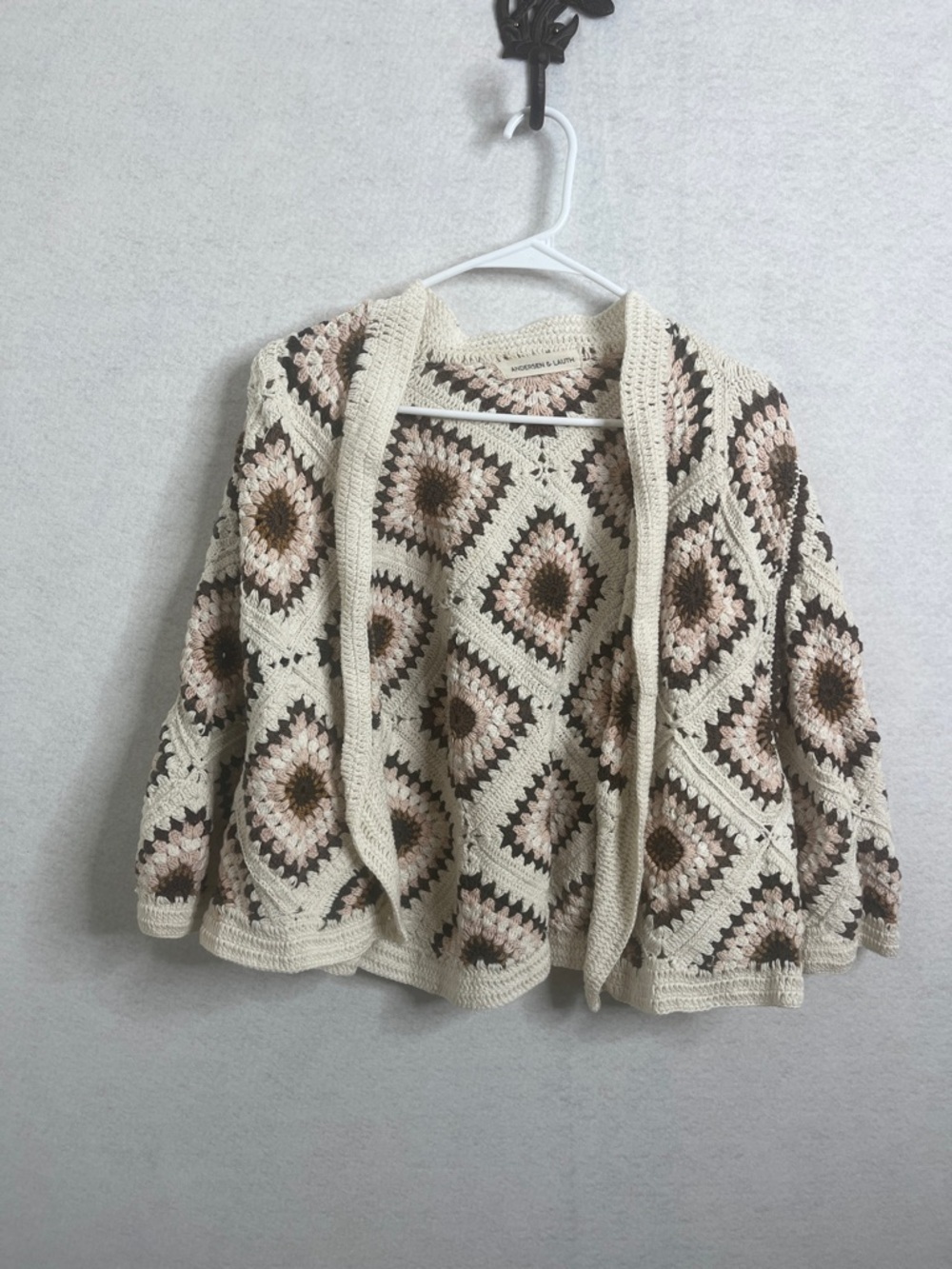 Boho Crochet Open-Front Sweater Cardigan - Cream and Brown - Picture 1 of 4